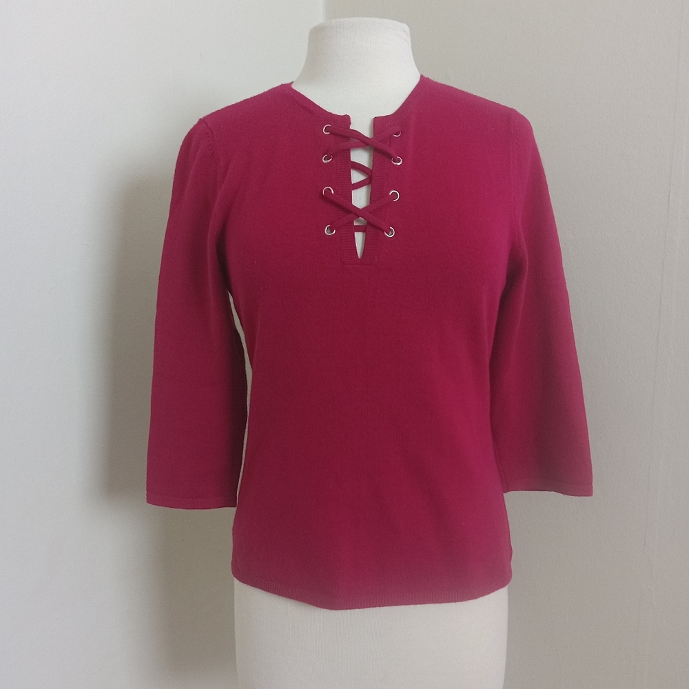 INC Red 3/4 Sleeve 87% Cotton Blend Knit Sweater Size Large
